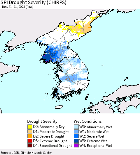Korea SPI Drought Severity (CHIRPS) Thematic Map For 12/21/2023 - 12/31/2023