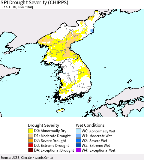 Korea SPI Drought Severity (CHIRPS) Thematic Map For 1/1/2024 - 1/10/2024