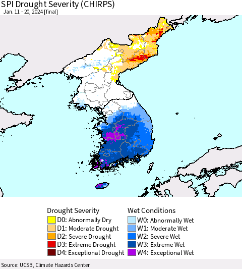 Korea SPI Drought Severity (CHIRPS) Thematic Map For 1/11/2024 - 1/20/2024