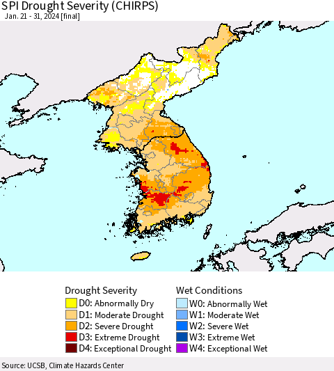 Korea SPI Drought Severity (CHIRPS) Thematic Map For 1/21/2024 - 1/31/2024