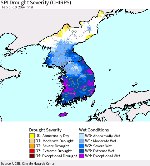 Korea SPI Drought Severity (CHIRPS) Thematic Map For 2/1/2024 - 2/10/2024