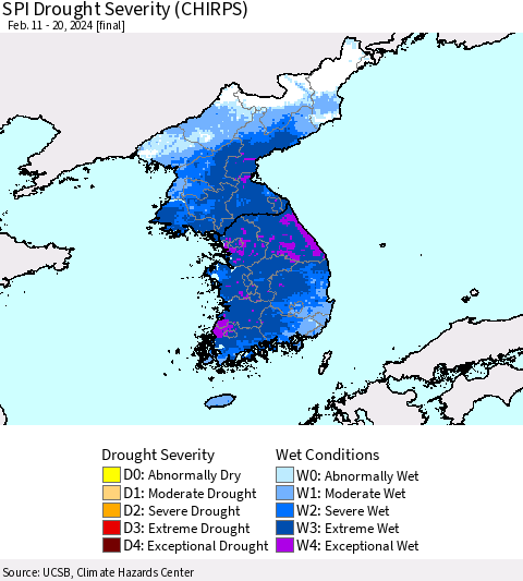 Korea SPI Drought Severity (CHIRPS) Thematic Map For 2/11/2024 - 2/20/2024