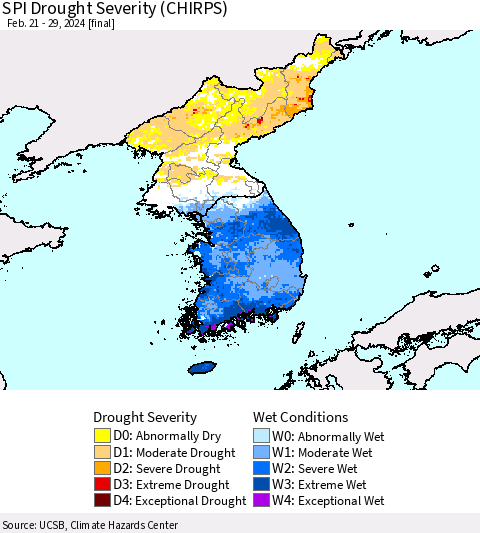 Korea SPI Drought Severity (CHIRPS) Thematic Map For 2/21/2024 - 2/29/2024