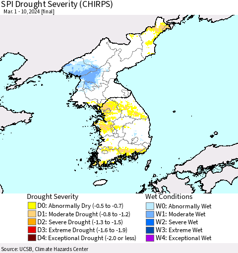 Korea SPI Drought Severity (CHIRPS) Thematic Map For 3/1/2024 - 3/10/2024