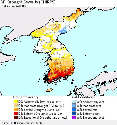 Korea SPI Drought Severity (CHIRPS) Thematic Map For 3/11/2024 - 3/20/2024