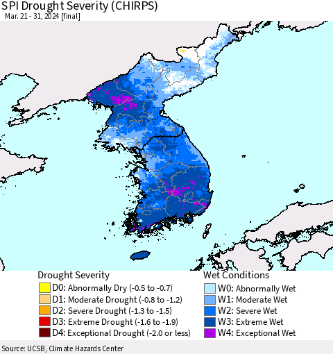 Korea SPI Drought Severity (CHIRPS) Thematic Map For 3/21/2024 - 3/31/2024