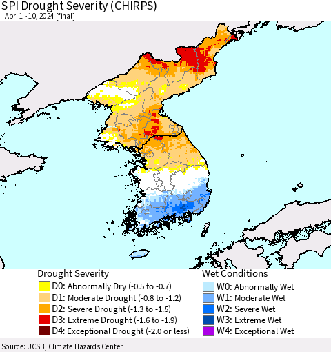 Korea SPI Drought Severity (CHIRPS) Thematic Map For 4/1/2024 - 4/10/2024