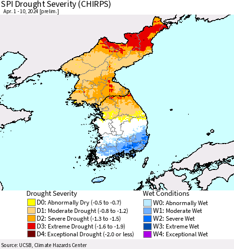 Korea SPI Drought Severity (CHIRPS) Thematic Map For 4/1/2024 - 4/10/2024