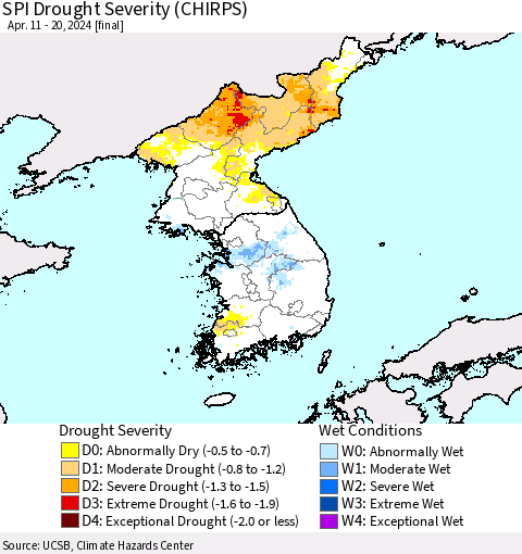 Korea SPI Drought Severity (CHIRPS) Thematic Map For 4/11/2024 - 4/20/2024