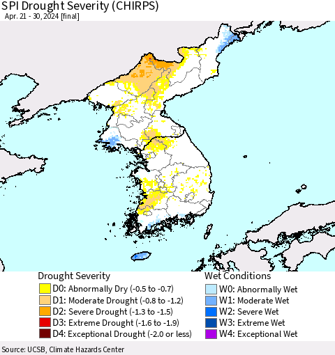 Korea SPI Drought Severity (CHIRPS) Thematic Map For 4/21/2024 - 4/30/2024