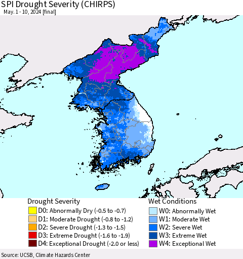 Korea SPI Drought Severity (CHIRPS) Thematic Map For 5/1/2024 - 5/10/2024