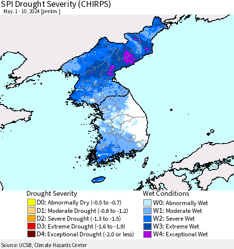 Korea SPI Drought Severity (CHIRPS) Thematic Map For 5/1/2024 - 5/10/2024