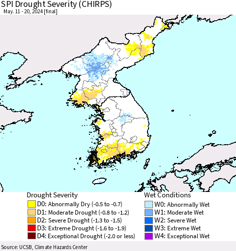 Korea SPI Drought Severity (CHIRPS) Thematic Map For 5/11/2024 - 5/20/2024