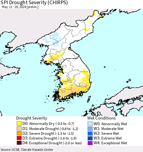 Korea SPI Drought Severity (CHIRPS) Thematic Map For 5/11/2024 - 5/20/2024