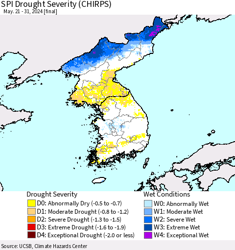 Korea SPI Drought Severity (CHIRPS) Thematic Map For 5/21/2024 - 5/31/2024