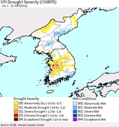 Korea SPI Drought Severity (CHIRPS) Thematic Map For 6/1/2024 - 6/10/2024