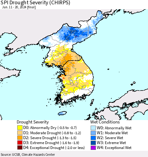 Korea SPI Drought Severity (CHIRPS) Thematic Map For 6/11/2024 - 6/20/2024