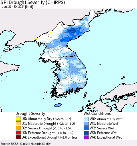 Korea SPI Drought Severity (CHIRPS) Thematic Map For 6/21/2024 - 6/30/2024