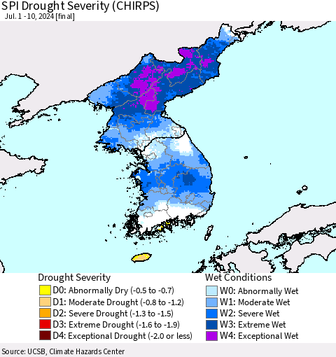 Korea SPI Drought Severity (CHIRPS) Thematic Map For 7/1/2024 - 7/10/2024