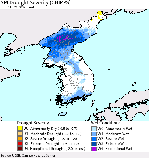 Korea SPI Drought Severity (CHIRPS) Thematic Map For 7/11/2024 - 7/20/2024