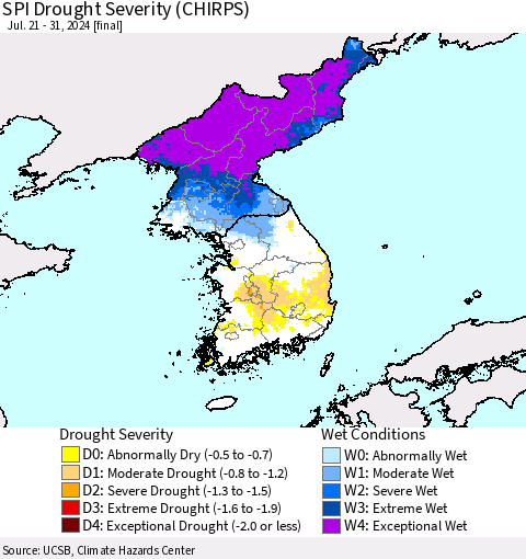 Korea SPI Drought Severity (CHIRPS) Thematic Map For 7/21/2024 - 7/31/2024