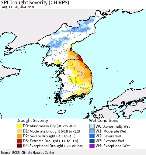 Korea SPI Drought Severity (CHIRPS) Thematic Map For 8/11/2024 - 8/20/2024