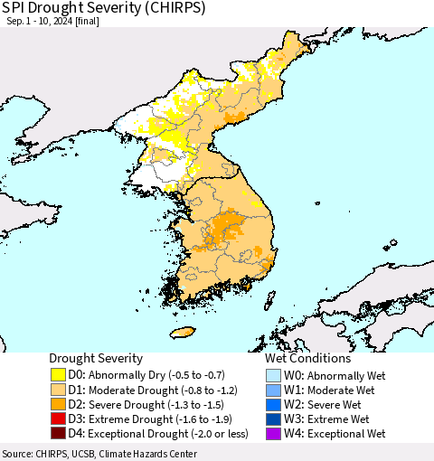 Korea SPI Drought Severity (CHIRPS) Thematic Map For 9/1/2024 - 9/10/2024