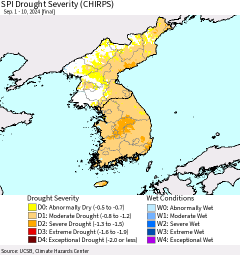 Korea SPI Drought Severity (CHIRPS) Thematic Map For 9/1/2024 - 9/10/2024