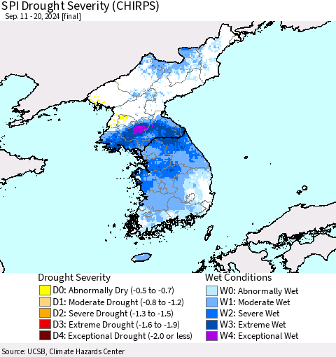 Korea SPI Drought Severity (CHIRPS) Thematic Map For 9/11/2024 - 9/20/2024