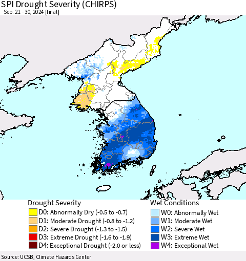Korea SPI Drought Severity (CHIRPS) Thematic Map For 9/21/2024 - 9/30/2024