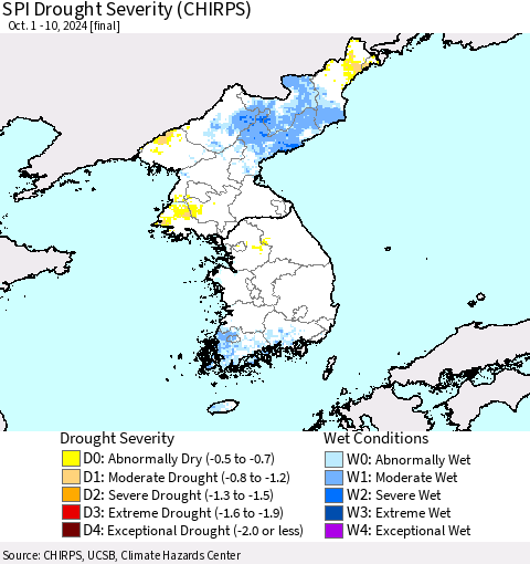 Korea SPI Drought Severity (CHIRPS) Thematic Map For 10/1/2024 - 10/10/2024
