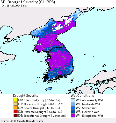 Korea SPI Drought Severity (CHIRPS) Thematic Map For 10/11/2024 - 10/20/2024