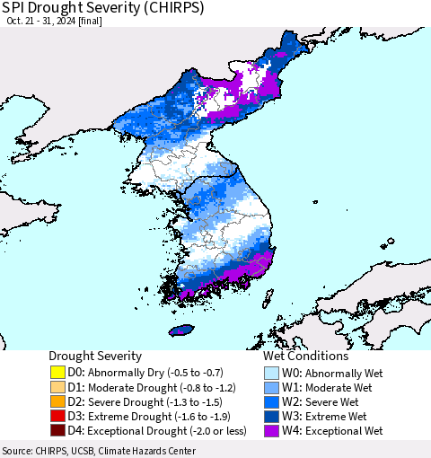 Korea SPI Drought Severity (CHIRPS) Thematic Map For 10/21/2024 - 10/31/2024