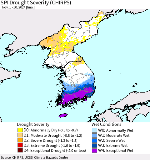 Korea SPI Drought Severity (CHIRPS) Thematic Map For 11/1/2024 - 11/10/2024