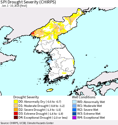 Korea SPI Drought Severity (CHIRPS) Thematic Map For 1/1/2025 - 1/10/2025
