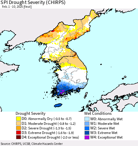 Korea SPI Drought Severity (CHIRPS) Thematic Map For 2/1/2025 - 2/10/2025