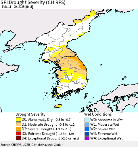 Korea SPI Drought Severity (CHIRPS) Thematic Map For 2/11/2025 - 2/20/2025