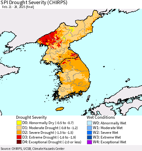 Korea SPI Drought Severity (CHIRPS) Thematic Map For 2/21/2025 - 2/28/2025