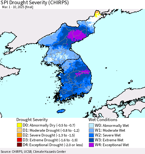 Korea SPI Drought Severity (CHIRPS) Thematic Map For 3/1/2025 - 3/10/2025