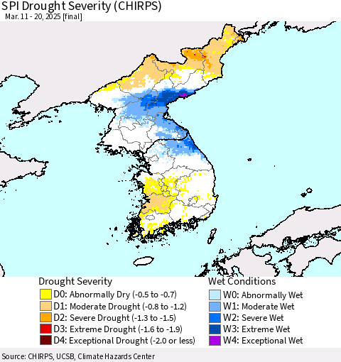 Korea SPI Drought Severity (CHIRPS) Thematic Map For 3/11/2025 - 3/20/2025