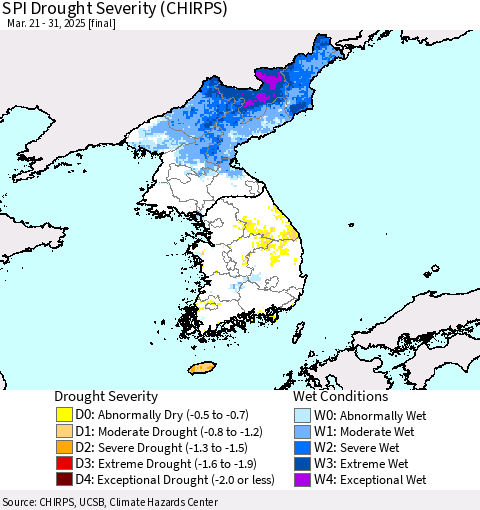 Korea SPI Drought Severity (CHIRPS) Thematic Map For 3/21/2025 - 3/31/2025