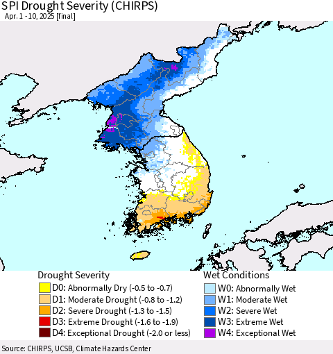 Korea SPI Drought Severity (CHIRPS) Thematic Map For 4/1/2025 - 4/10/2025