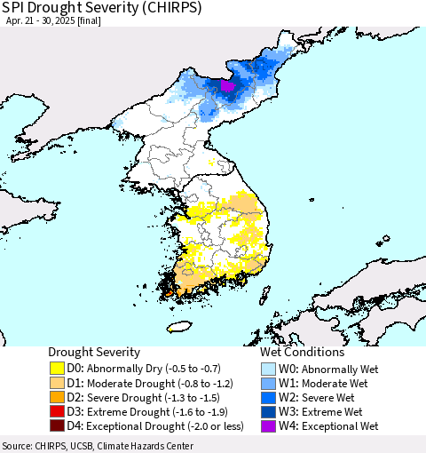 Korea SPI Drought Severity (CHIRPS) Thematic Map For 4/21/2025 - 4/30/2025