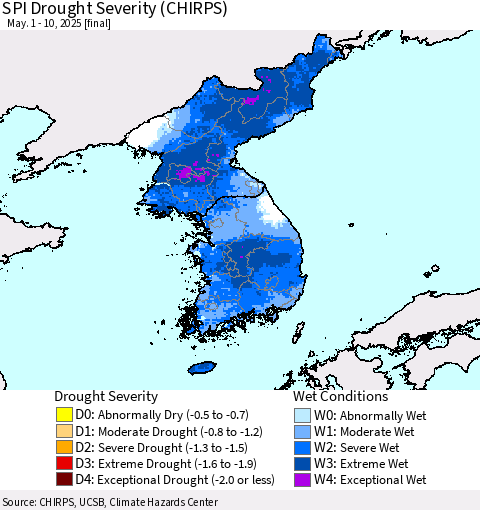 Korea SPI Drought Severity (CHIRPS) Thematic Map For 5/1/2025 - 5/10/2025