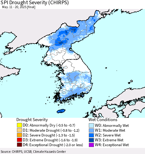 Korea SPI Drought Severity (CHIRPS) Thematic Map For 5/11/2025 - 5/20/2025