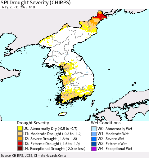 Korea SPI Drought Severity (CHIRPS) Thematic Map For 5/21/2025 - 5/31/2025