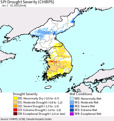 Korea SPI Drought Severity (CHIRPS) Thematic Map For 6/1/2025 - 6/10/2025