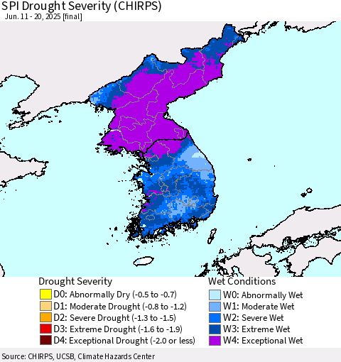 Korea SPI Drought Severity (CHIRPS) Thematic Map For 6/11/2025 - 6/20/2025
