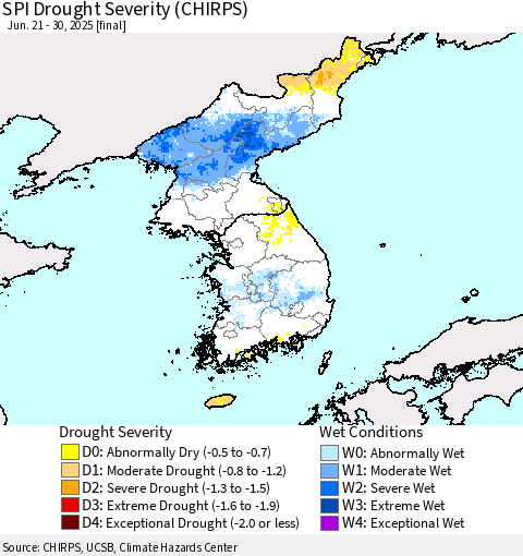 Korea SPI Drought Severity (CHIRPS) Thematic Map For 6/21/2025 - 6/30/2025