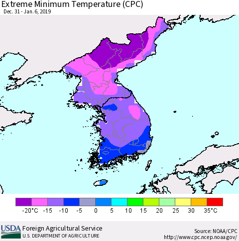 Korea Minimum Daily Temperature (CPC) Thematic Map For 12/31/2018 - 1/6/2019